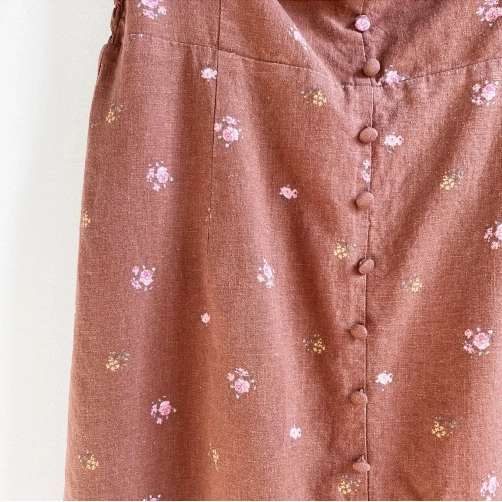Altar’d State Brown Floral Linen Milkmaid Midi Dress Size Medium - Picture 3 of 6